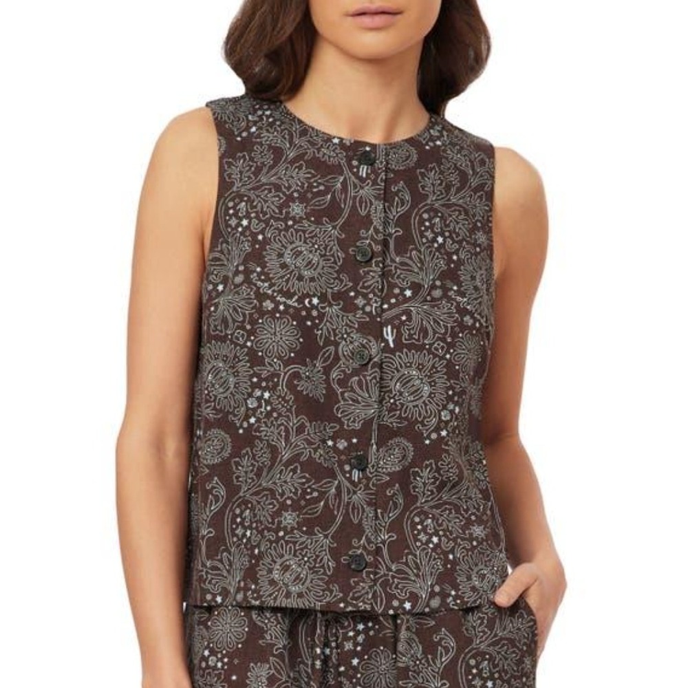 Scotch & Soda Brown Linen Blend Bandana Floral Print Button Front Vest Top Small